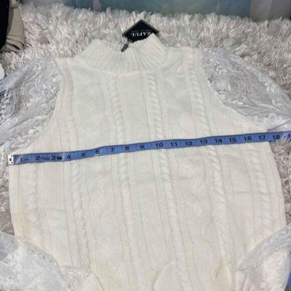 Zaful Mock Neck Cable Knit Lace Mesh Sleeve Ivory Sweater Size 4 - Picture 15 of 16
